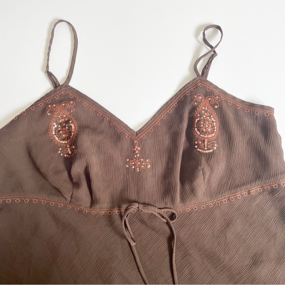 Vintage Y2K Brown Embroidered Beaded Spaghetti Strap Tank Top Cami - Picture 4 of 7